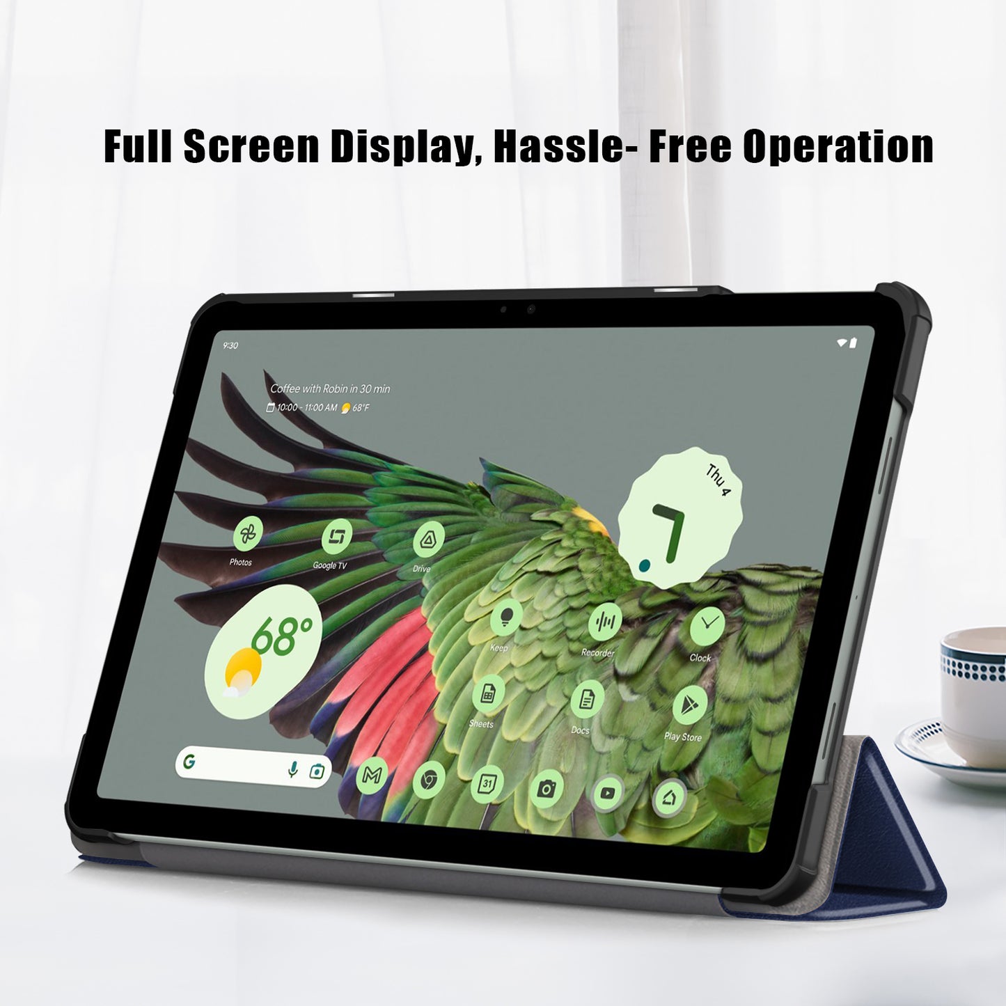 Pure Color Protective Case for Google Pixel Tablet PU Leather Anti-drop Tablet Cover with Case Tri-fold Stand - Dark Blue