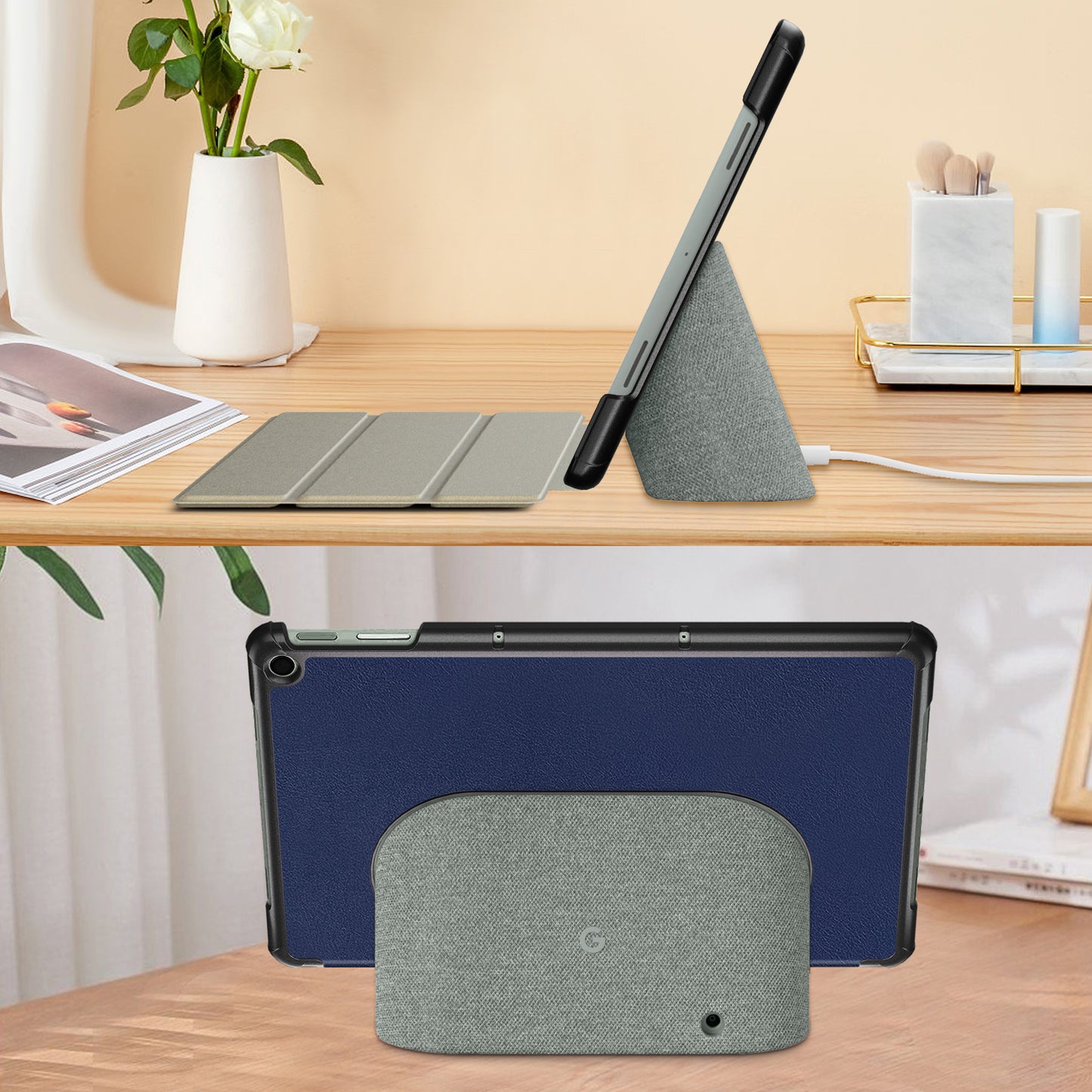 Pure Color Protective Case for Google Pixel Tablet PU Leather Anti-drop Tablet Cover with Case Tri-fold Stand - Dark Blue