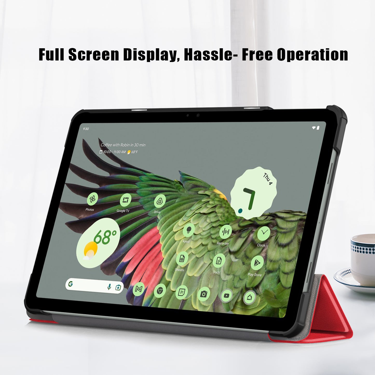 Pure Color Protective Case for Google Pixel Tablet PU Leather Anti-drop Tablet Cover with Case Tri-fold Stand - Red