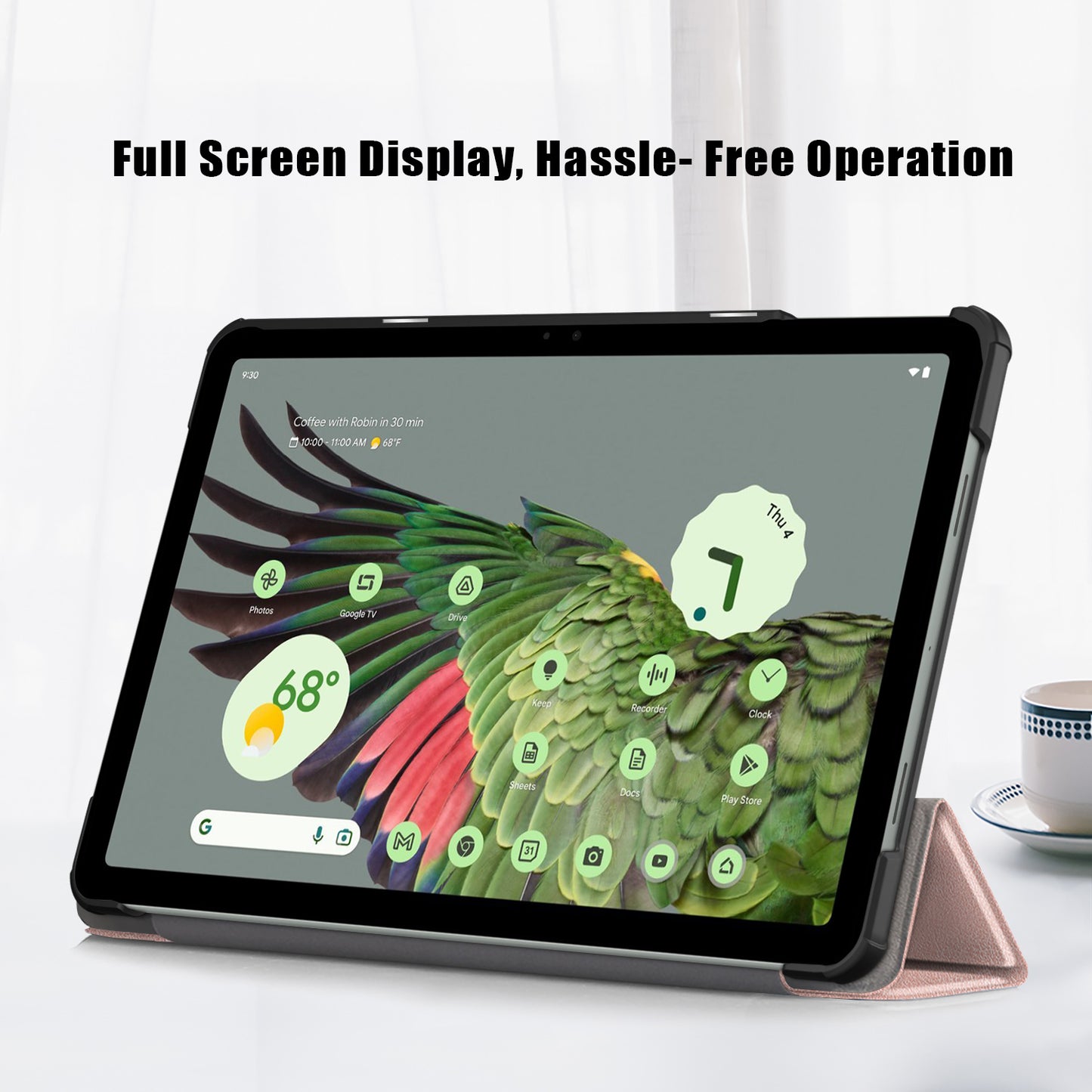 Pure Color Protective Case for Google Pixel Tablet PU Leather Anti-drop Tablet Cover with Case Tri-fold Stand - Rose Gold