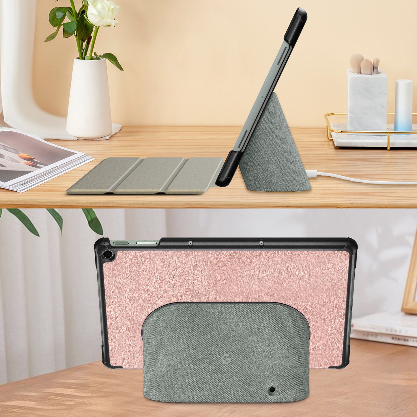 Pure Color Protective Case for Google Pixel Tablet PU Leather Anti-drop Tablet Cover with Case Tri-fold Stand - Rose Gold