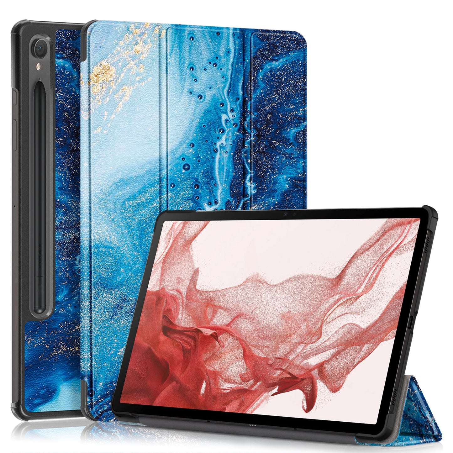 Uniqkart for Samsung Galaxy Tab S9 11-Inch SM-X710, SM-X716B, SM-X718U Pattern Printing Leather Tablet Case Trifold Stand Smart Cover  - Sea Wave