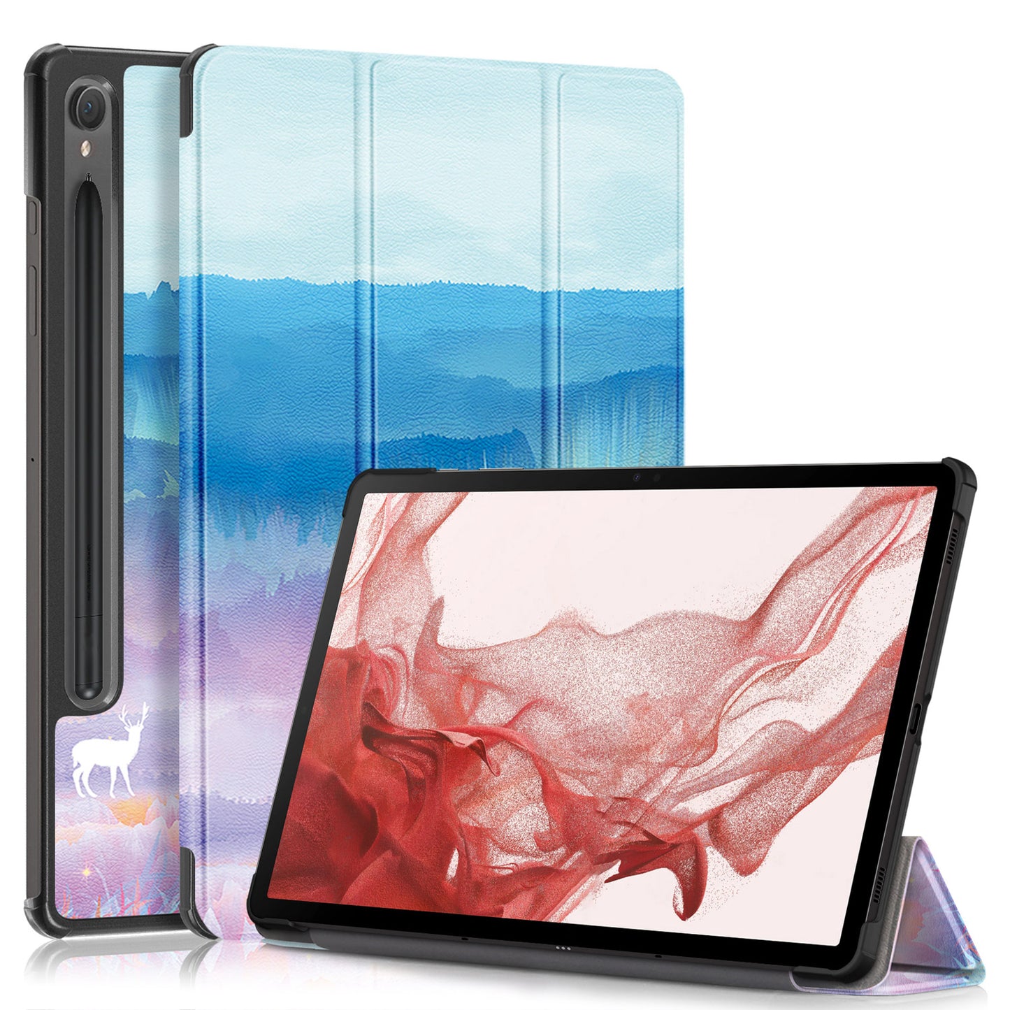 Uniqkart for Samsung Galaxy Tab S9 11-Inch SM-X710, SM-X716B, SM-X718U Pattern Printing Leather Tablet Case Trifold Stand Smart Cover  - Fantasy Deer