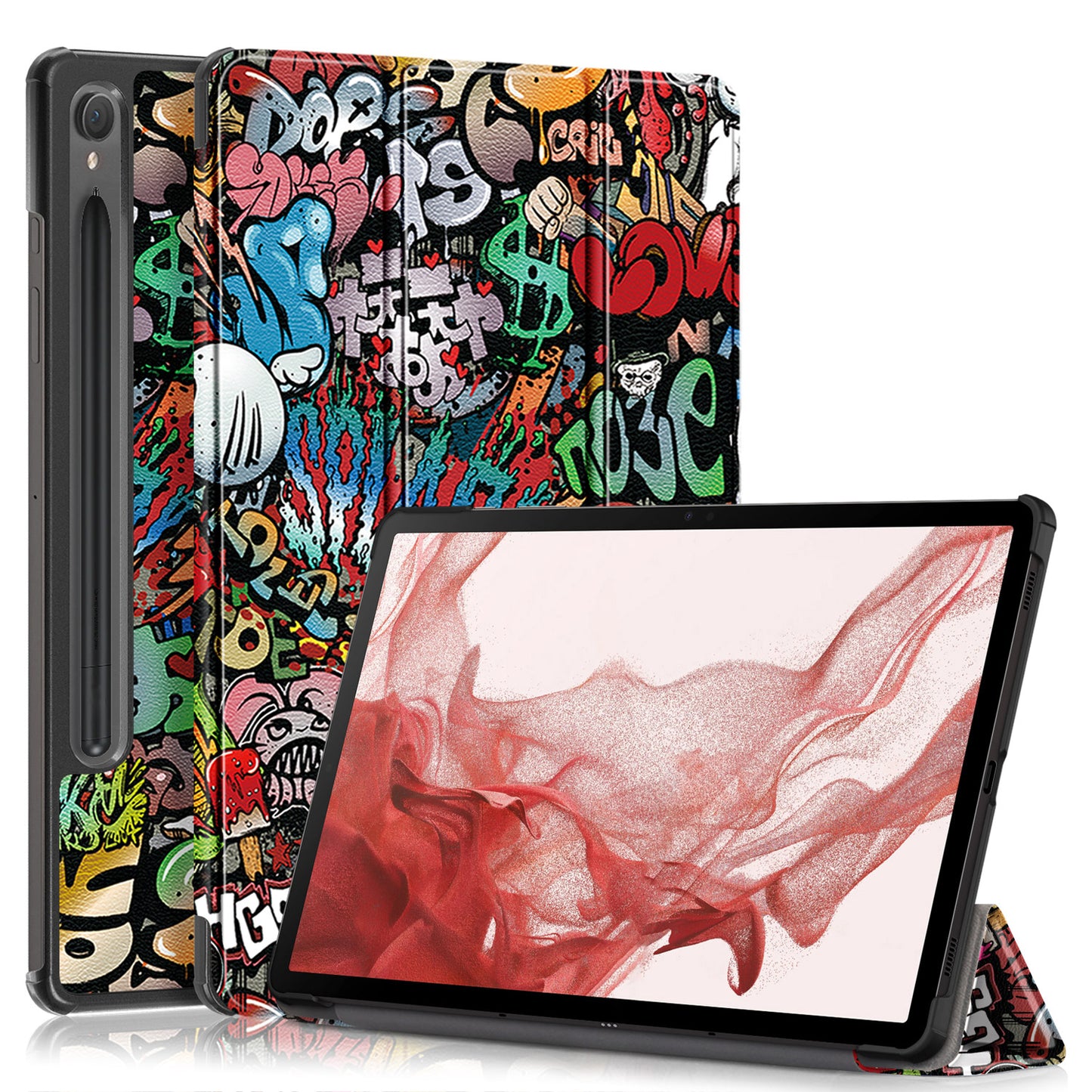 Uniqkart for Samsung Galaxy Tab S9 11-Inch SM-X710, SM-X716B, SM-X718U Pattern Printing Leather Tablet Case Trifold Stand Smart Cover  - Graffiti