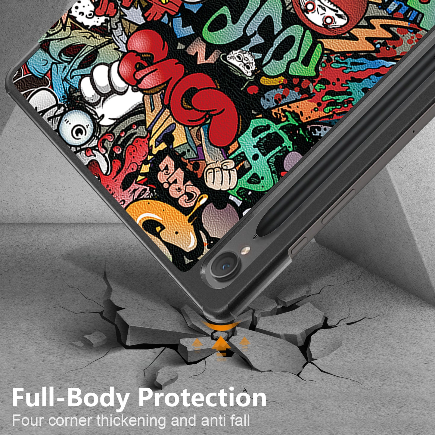 Uniqkart for Samsung Galaxy Tab S9 11-Inch SM-X710, SM-X716B, SM-X718U Pattern Printing Leather Tablet Case Trifold Stand Smart Cover  - Graffiti