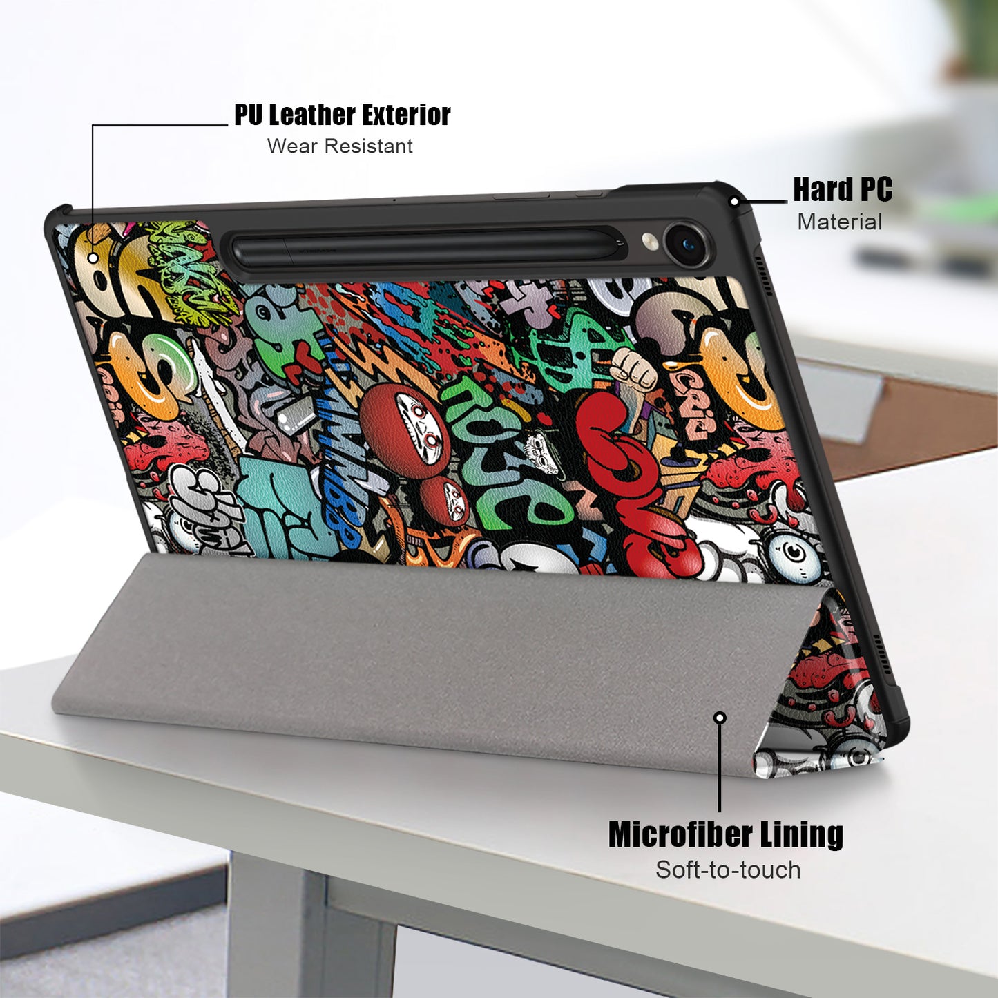 Uniqkart for Samsung Galaxy Tab S9 11-Inch SM-X710, SM-X716B, SM-X718U Pattern Printing Leather Tablet Case Trifold Stand Smart Cover  - Graffiti