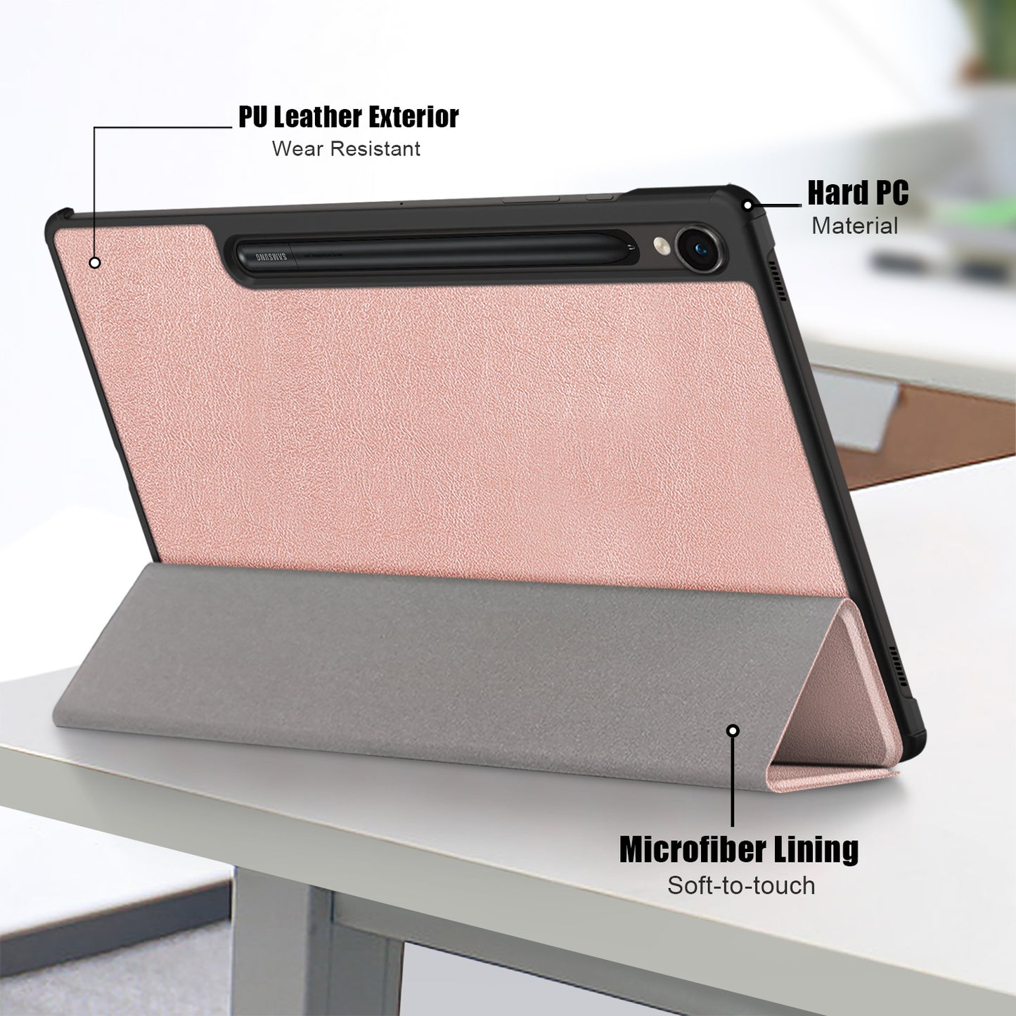 Uniqkart for Samsung Galaxy Tab S9 11-Inch SM-X710, SM-X716B, SM-X718U PU Leather Trifold Stand Cover Auto Wake  /  Sleep Smart Tablet Case - Rose Gold