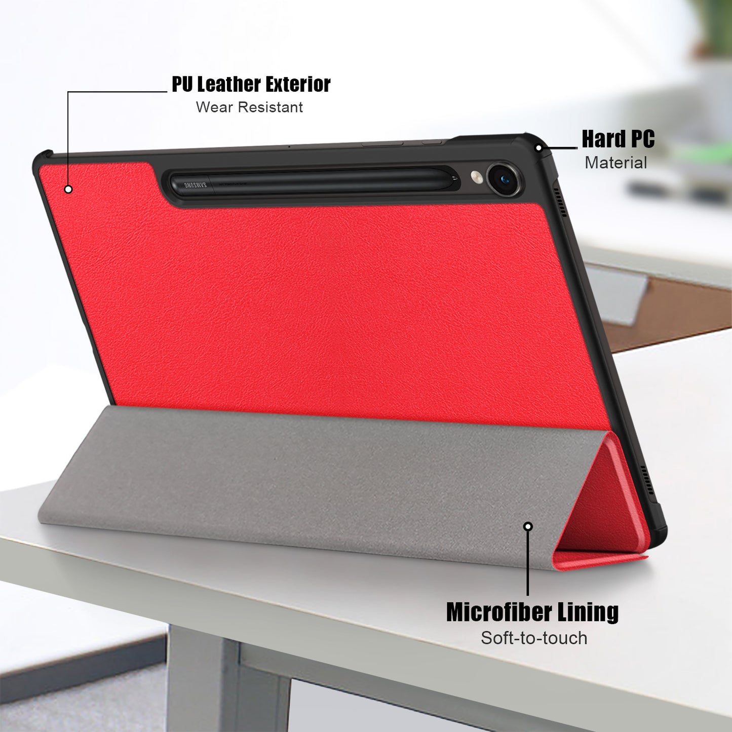 Uniqkart for Samsung Galaxy Tab S9 11-Inch SM-X710, SM-X716B, SM-X718U PU Leather Trifold Stand Cover Auto Wake  /  Sleep Smart Tablet Case - Red