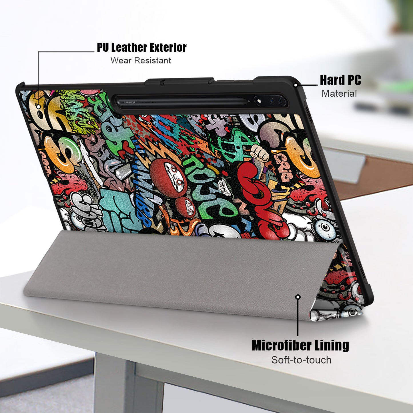 Tablet Leather Case for Samsung Galaxy Tab S9 Ultra SM-X910 M-X916B SM-X918 , Tri-fold Stand Pattern Printed Cover - Graffiti
