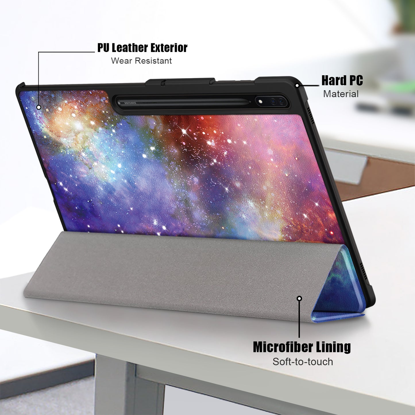 Tablet Leather Case for Samsung Galaxy Tab S9 Ultra SM-X910 M-X916B SM-X918 , Tri-fold Stand Pattern Printed Cover - Galaxy