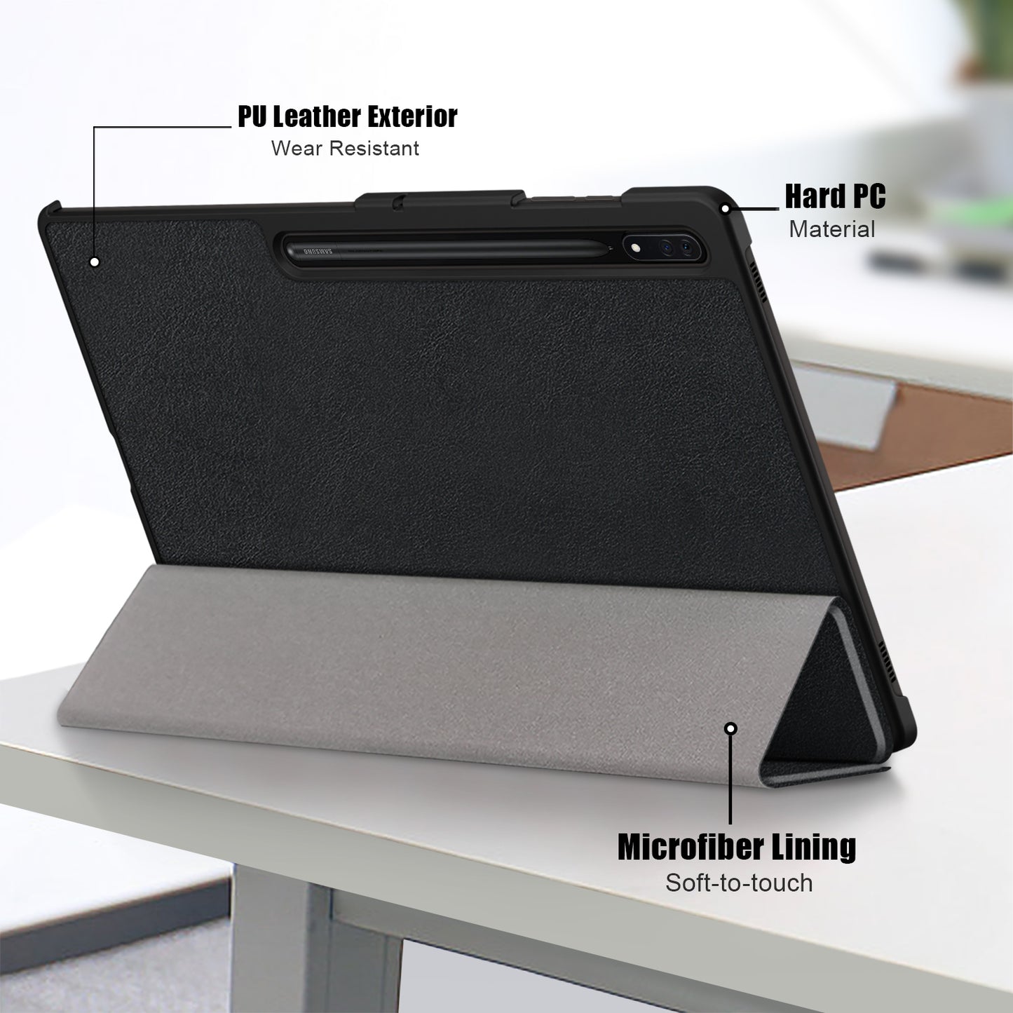 Leather Case for Samsung Galaxy Tab S9 Ultra SM-X910 M-X916B SM-X918U , Tri-fold Stand Anti-drop Tablet Cover - Black