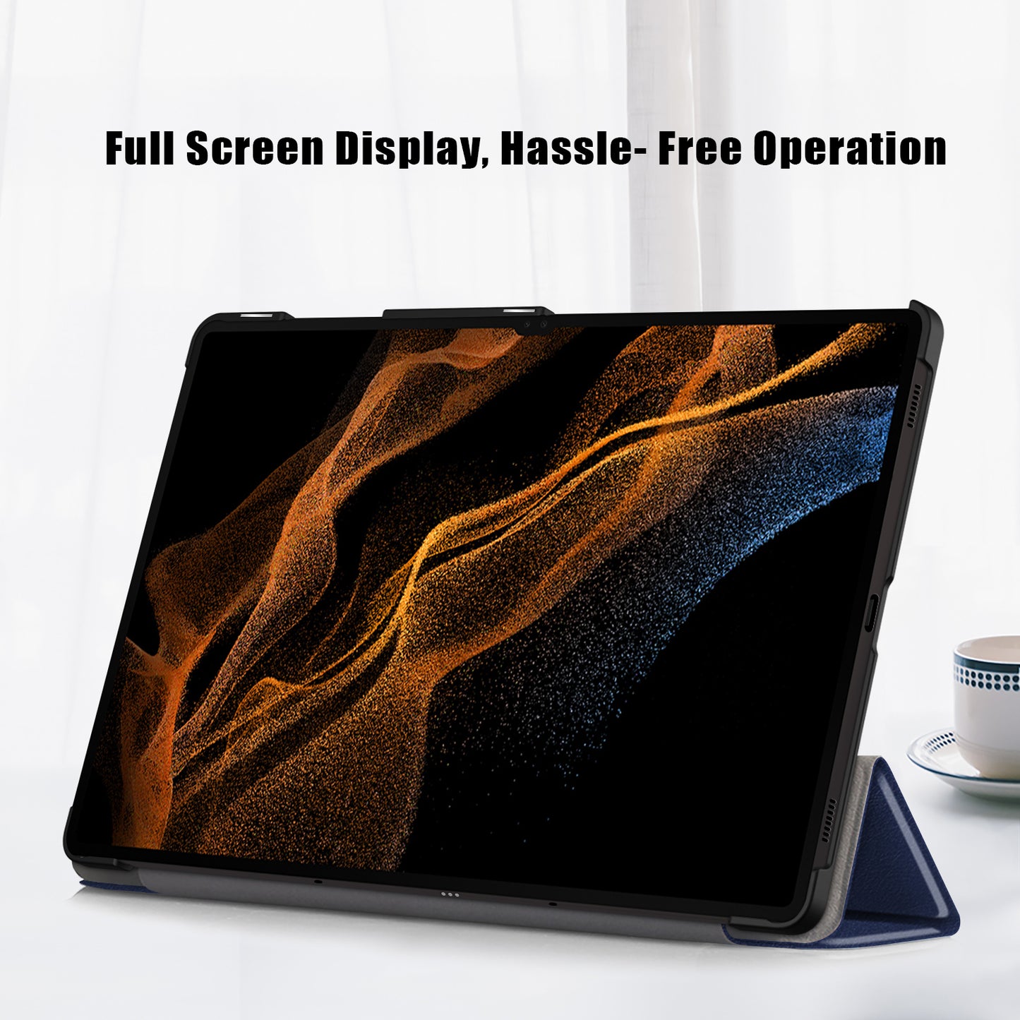 Leather Case for Samsung Galaxy Tab S9 Ultra SM-X910 M-X916B SM-X918U , Tri-fold Stand Anti-drop Tablet Cover - Dark Blue