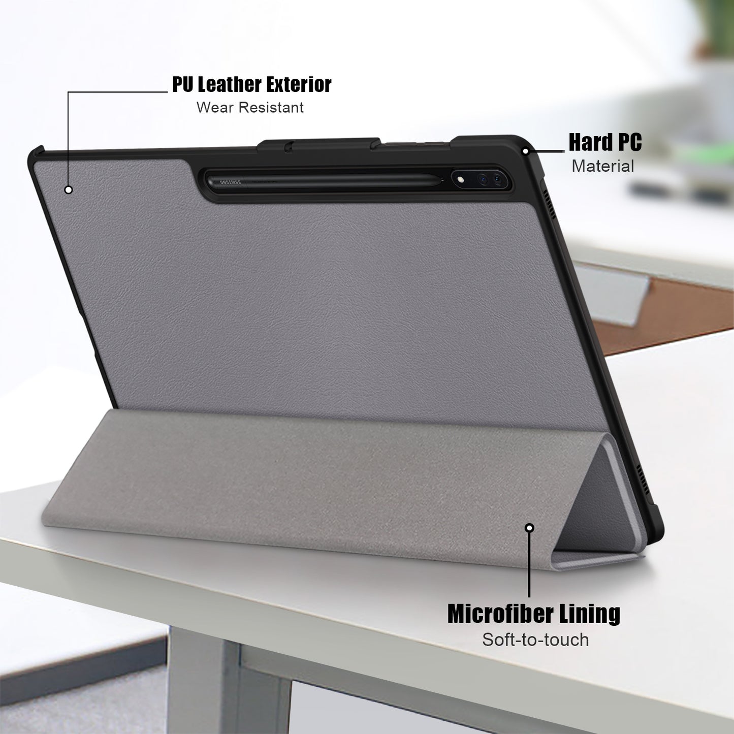 Leather Case for Samsung Galaxy Tab S9 Ultra SM-X910 M-X916B SM-X918U , Tri-fold Stand Anti-drop Tablet Cover - Grey