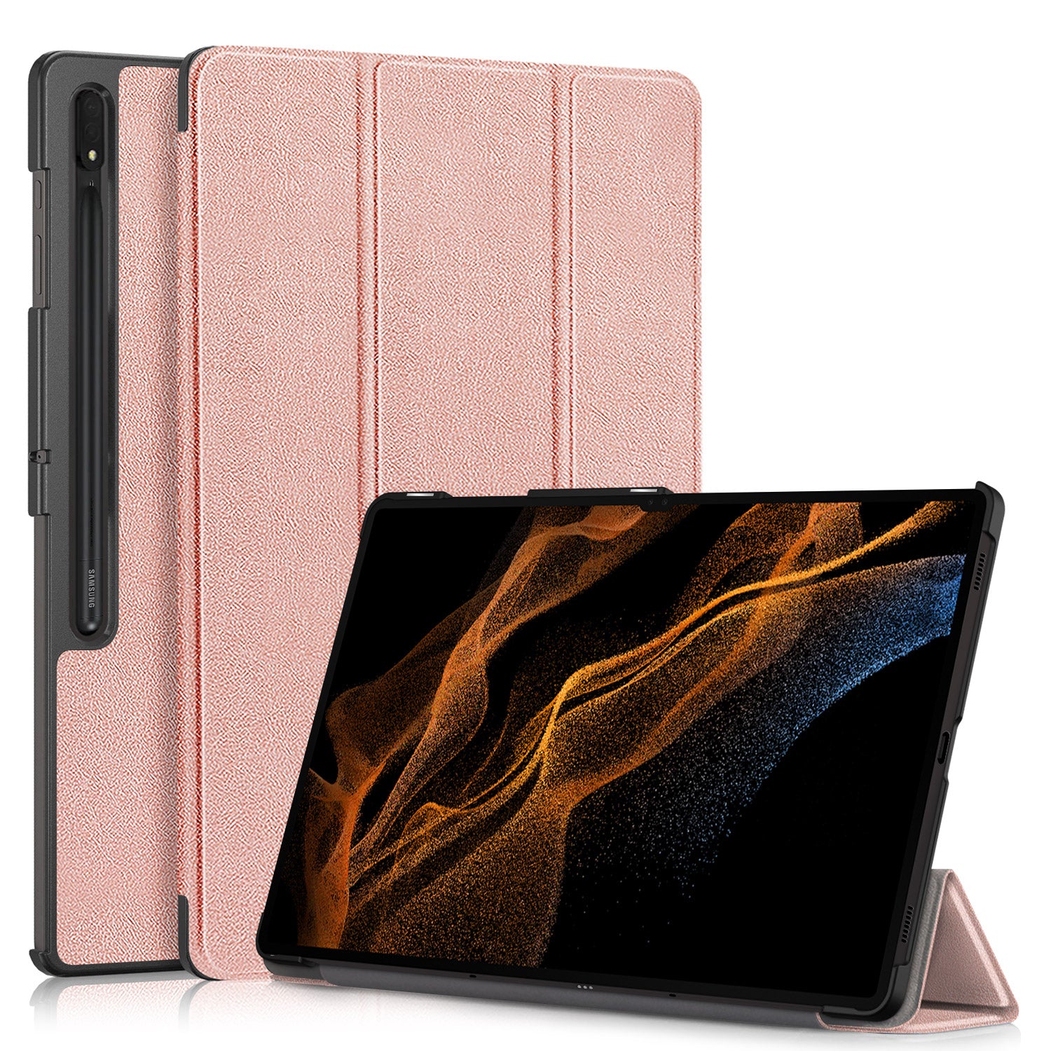 Leather Case for Samsung Galaxy Tab S9 Ultra SM-X910 M-X916B SM-X918U , Tri-fold Stand Anti-drop Tablet Cover - Rose Gold