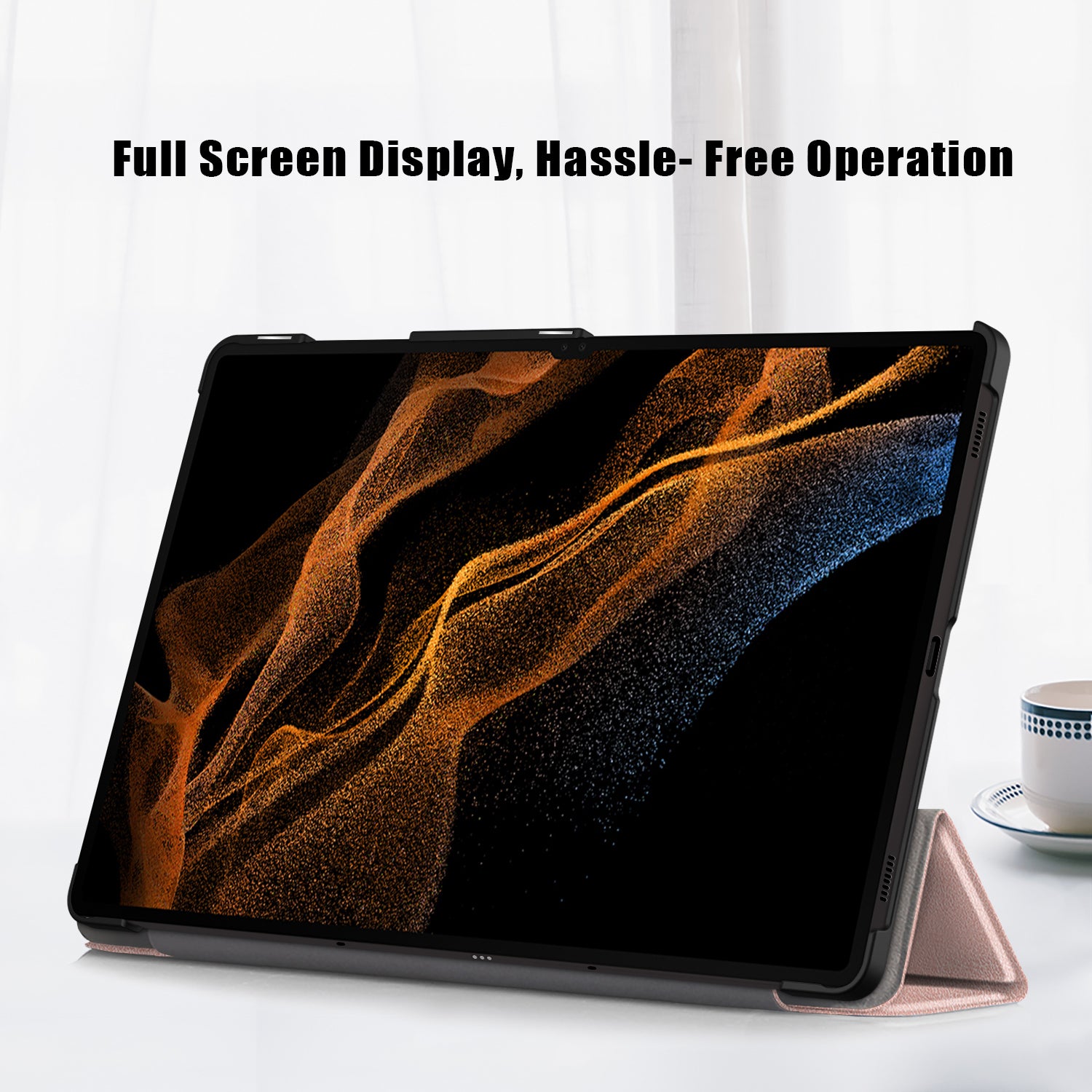 Leather Case for Samsung Galaxy Tab S9 Ultra SM-X910 M-X916B SM-X918U , Tri-fold Stand Anti-drop Tablet Cover - Rose Gold