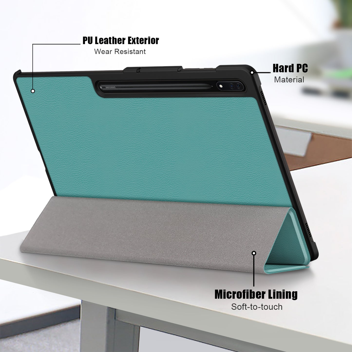 Leather Case for Samsung Galaxy Tab S9 Ultra SM-X910 M-X916B SM-X918U , Tri-fold Stand Anti-drop Tablet Cover - Blackish Green