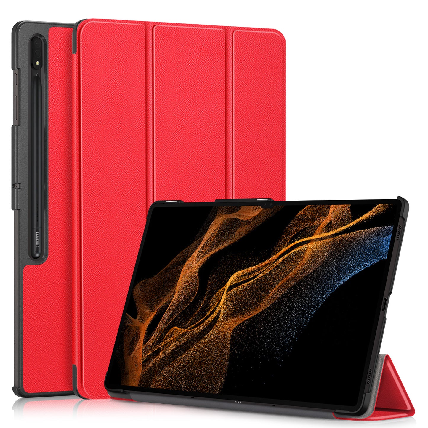 Leather Case for Samsung Galaxy Tab S9 Ultra SM-X910 M-X916B SM-X918U , Tri-fold Stand Anti-drop Tablet Cover - Red