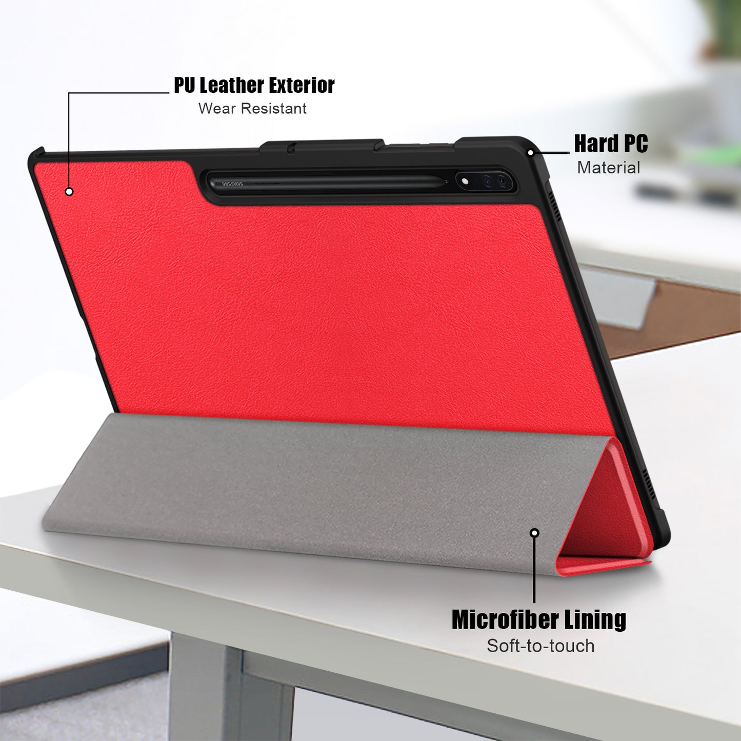 Leather Case for Samsung Galaxy Tab S9 Ultra SM-X910 M-X916B SM-X918U , Tri-fold Stand Anti-drop Tablet Cover - Red