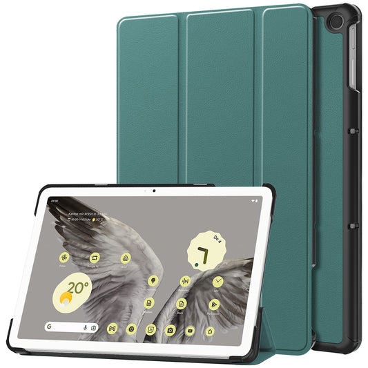 Uniqkart for Google Pixel Tablet Tri-fold Stand Tablet Case PU Leather Anti-drop Tablet Cover - Blackish Green