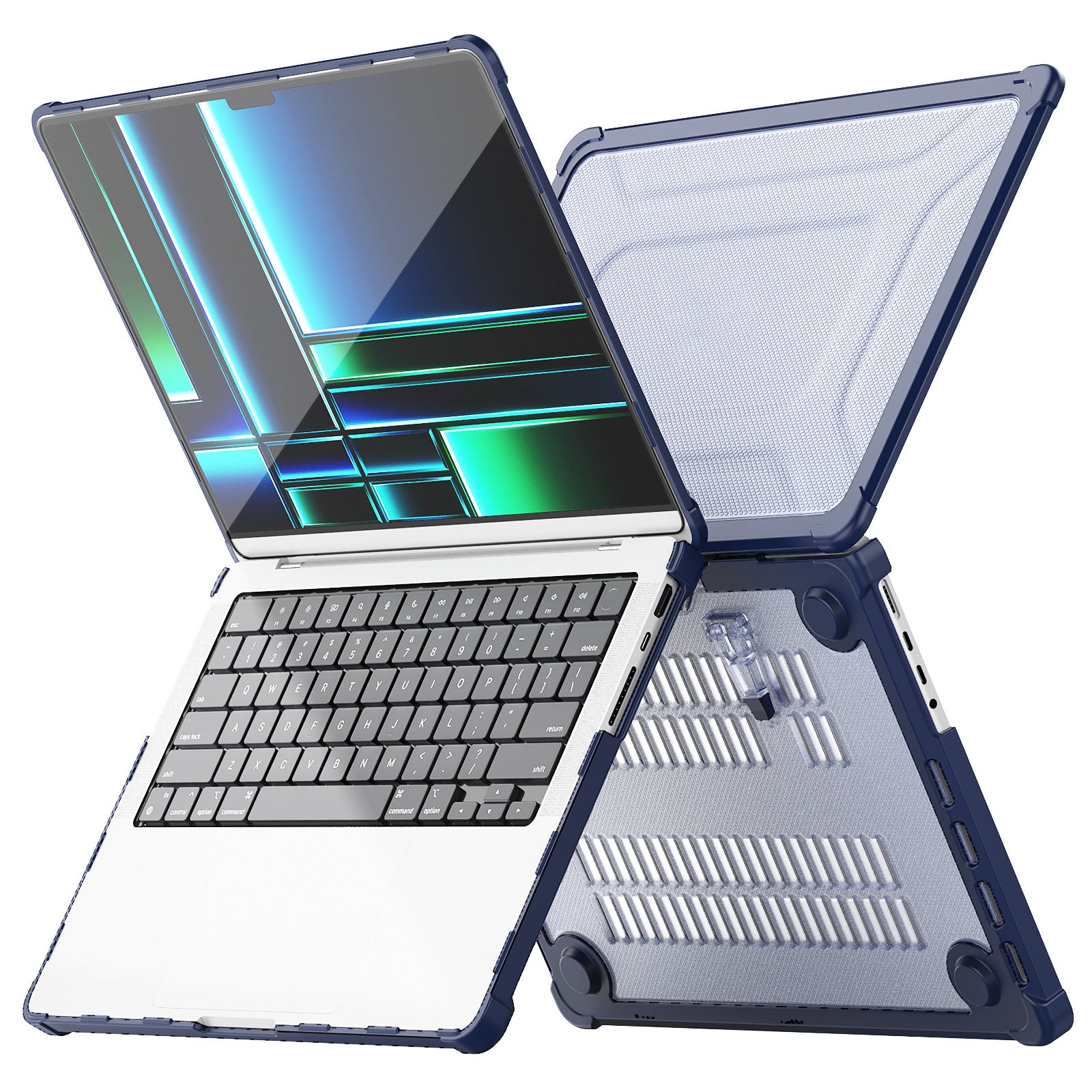 For MacBook Pro 14 inch (2021) / (2023) (A2442 M1 Pro  /  M1 Max / A2779) Heat Dissipation Hard PC+TPU Laptop Case with Kickstand - Navy Blue
