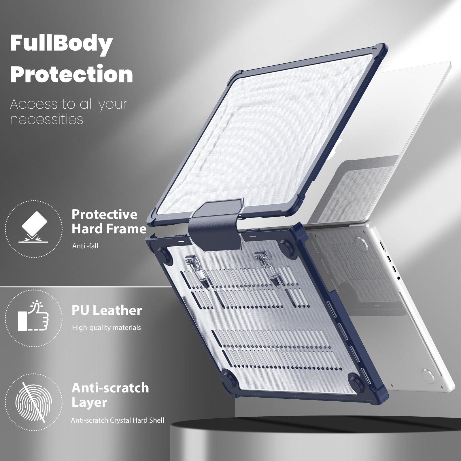 For MacBook Pro 16 inch (2021) / (2023) (A2485 M1 Pro  /  M1 Max / A2780) Anti-Slip Laptop Case Heat Dissipation PC+TPU Kickstand Cover - Navy Blue