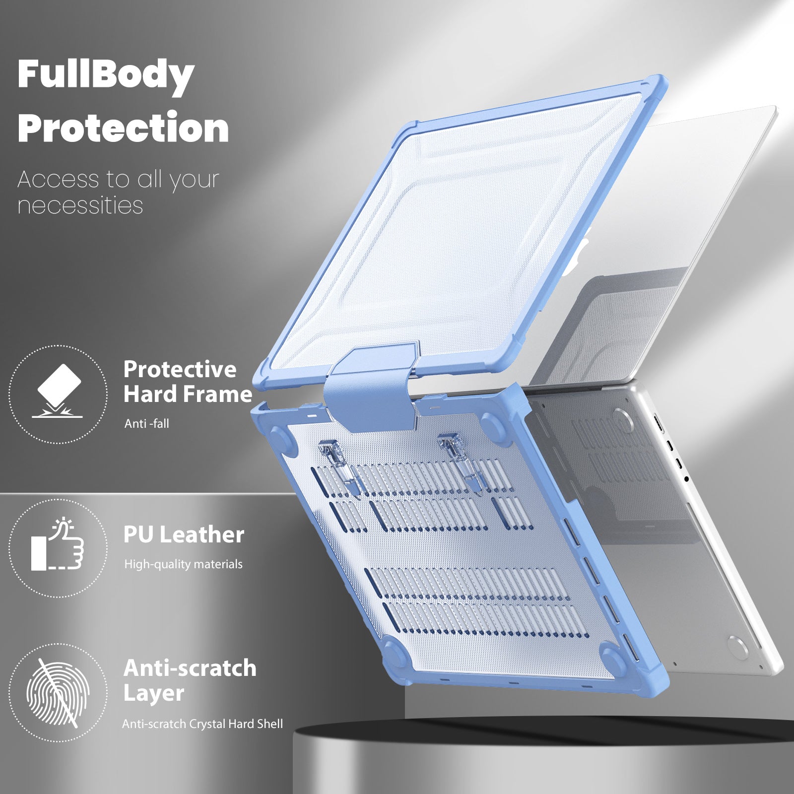 For MacBook Pro 16 inch (2021) / (2023) (A2485 M1 Pro  /  M1 Max / A2780) Anti-Slip Laptop Case Heat Dissipation PC+TPU Kickstand Cover - Baby Blue