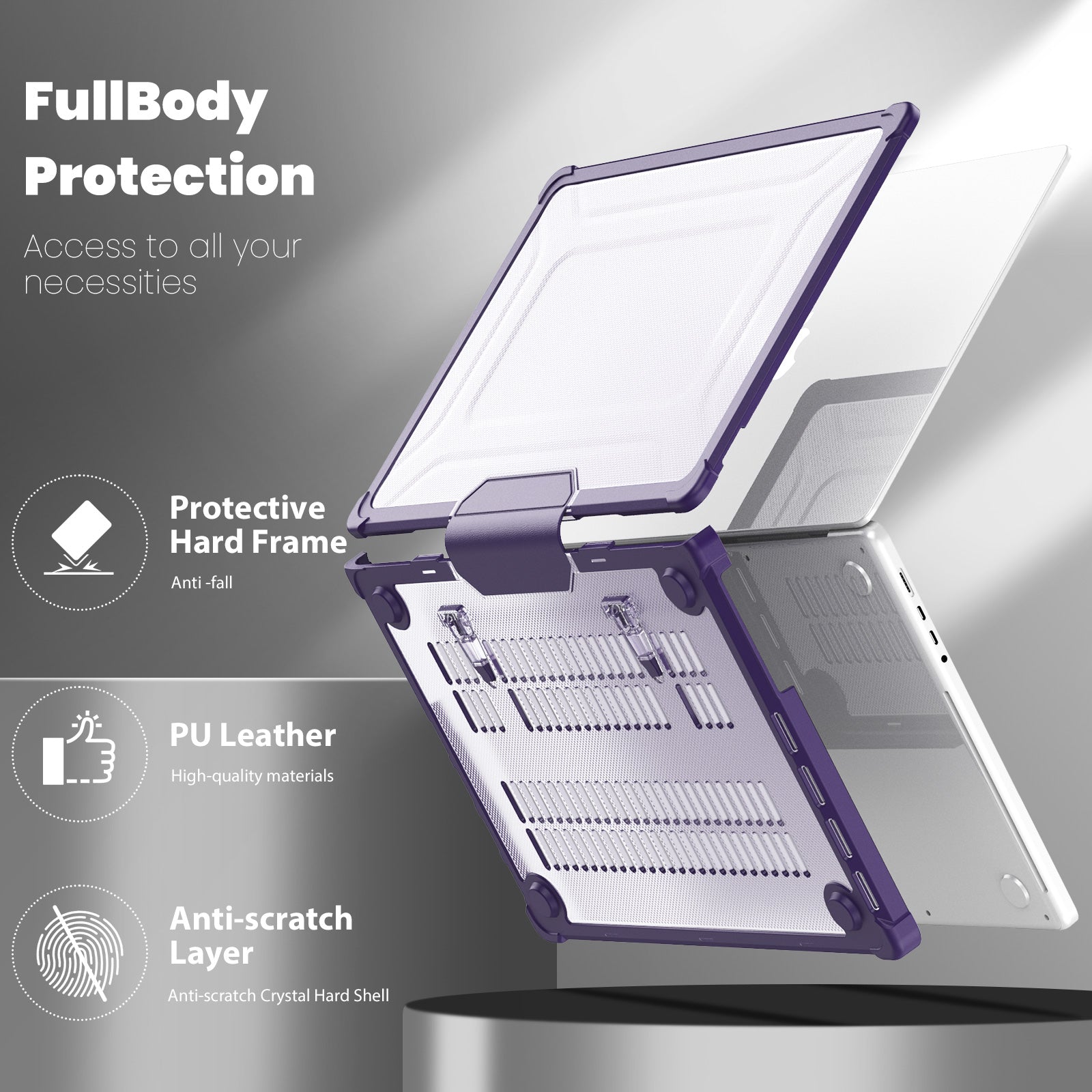 For MacBook Pro 16 inch (2021) / (2023) (A2485 M1 Pro  /  M1 Max / A2780) Anti-Slip Laptop Case Heat Dissipation PC+TPU Kickstand Cover - Purple
