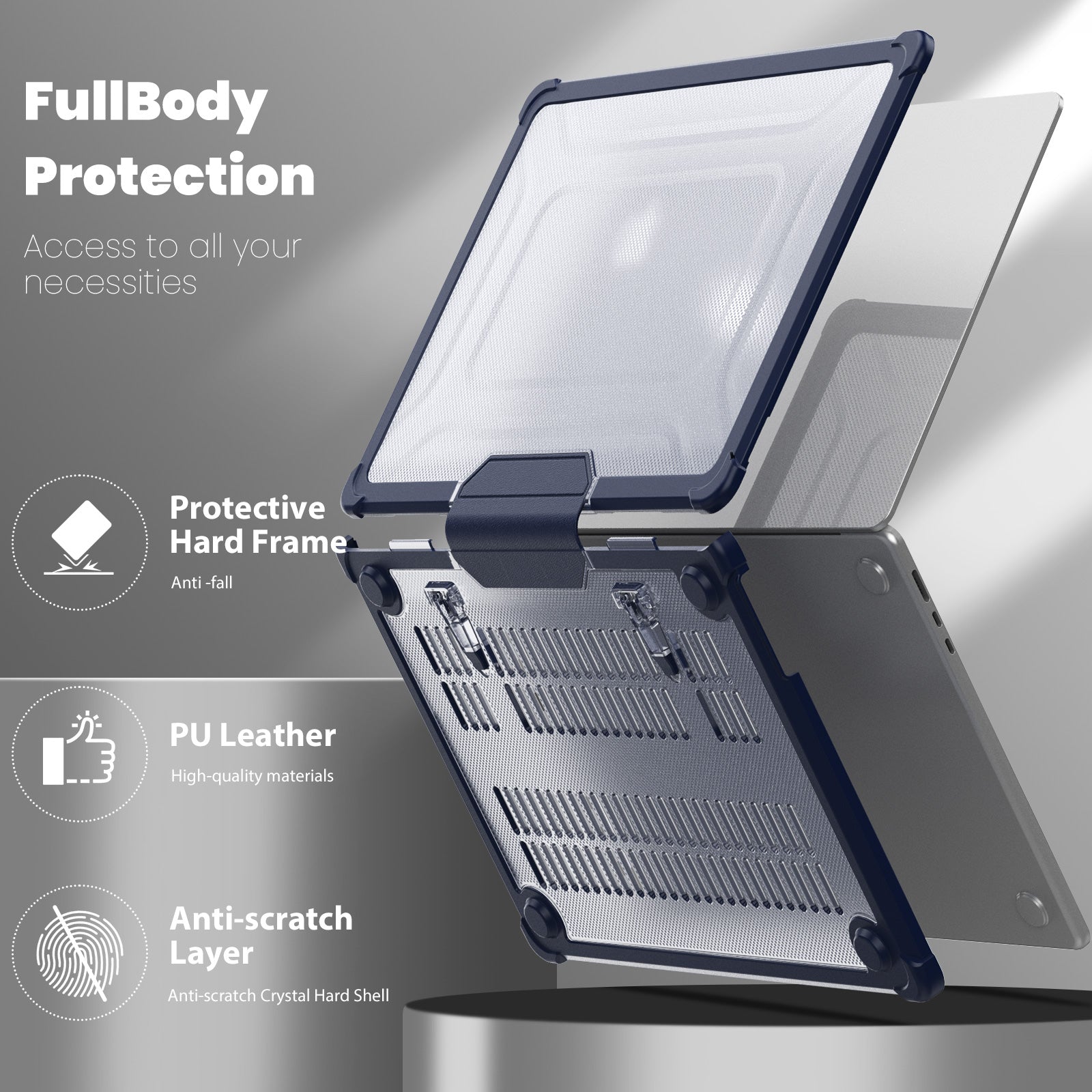 For Macbook Air 15 inch (2023) M2 A2941 PC+TPU Laptop Case Heat Dissipation Kickstand Non-slip Notebook Cover - Navy Blue