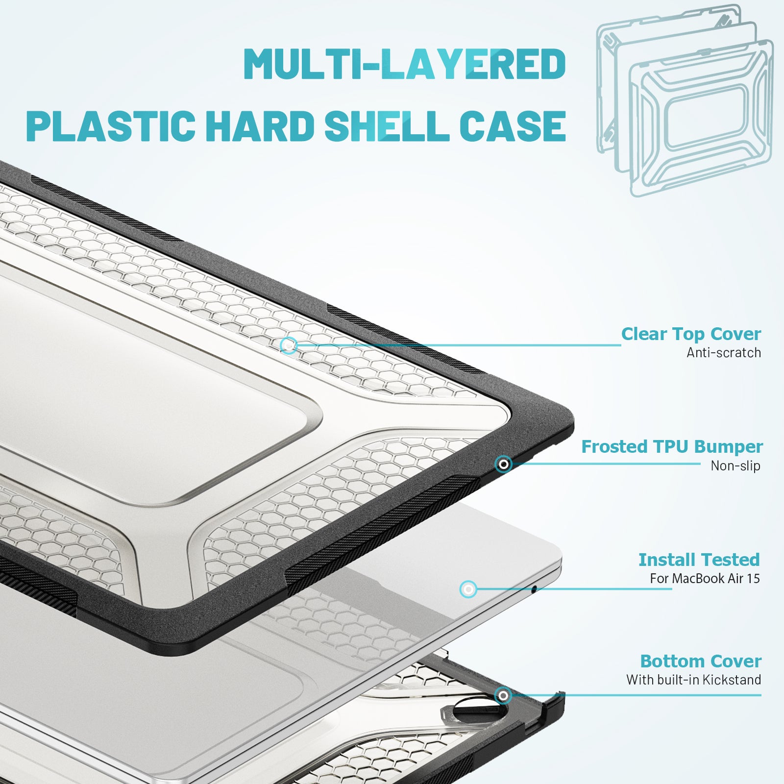 For Macbook Air 15 inch (2023) M2 A2941 Anti-slip Laptop Case Honeycomb Heat Dissipation Kickstand PC+TPU Cover - Black