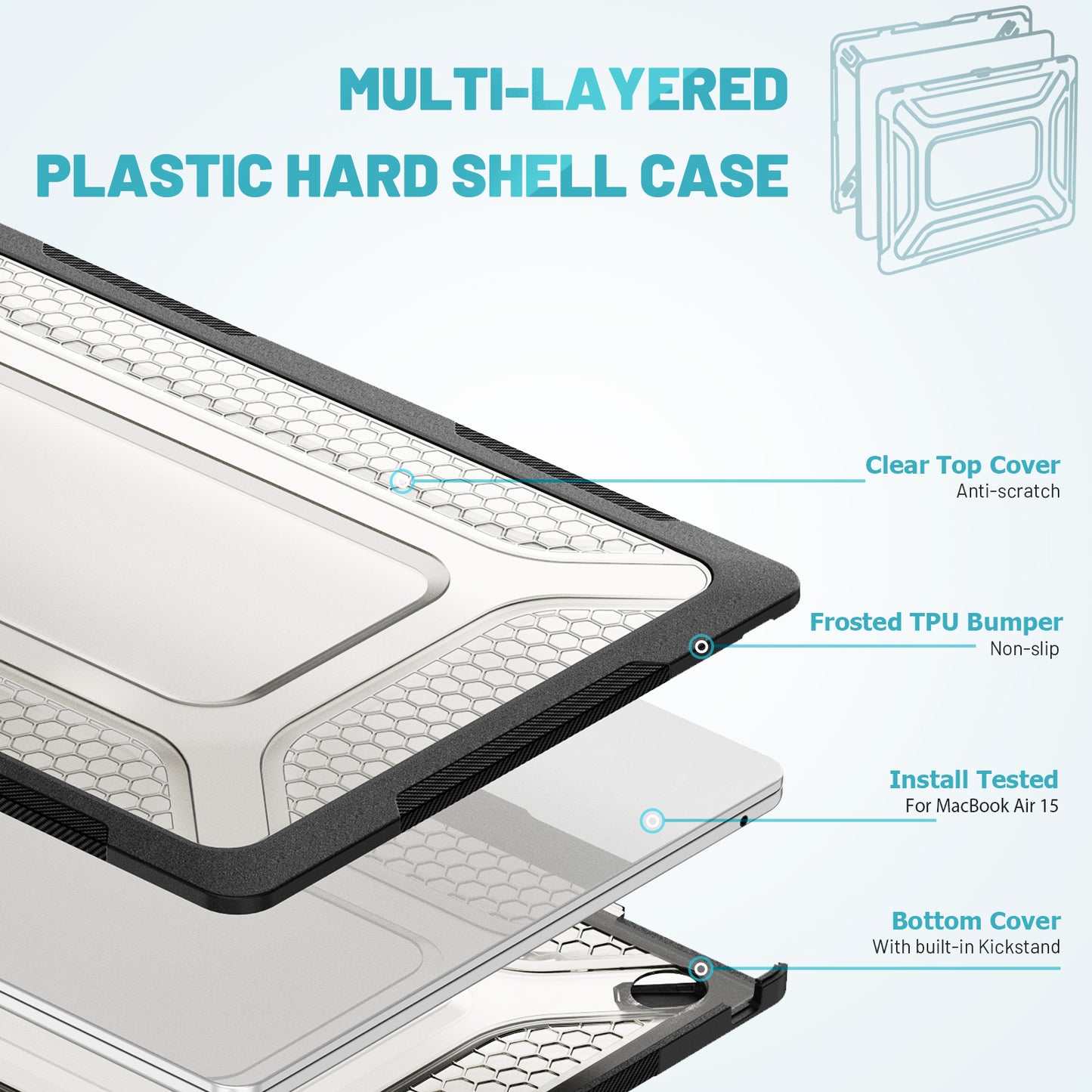 For Macbook Air 15 inch (2023) M2 A2941 Anti-slip Laptop Case Honeycomb Heat Dissipation Kickstand PC+TPU Cover - Black