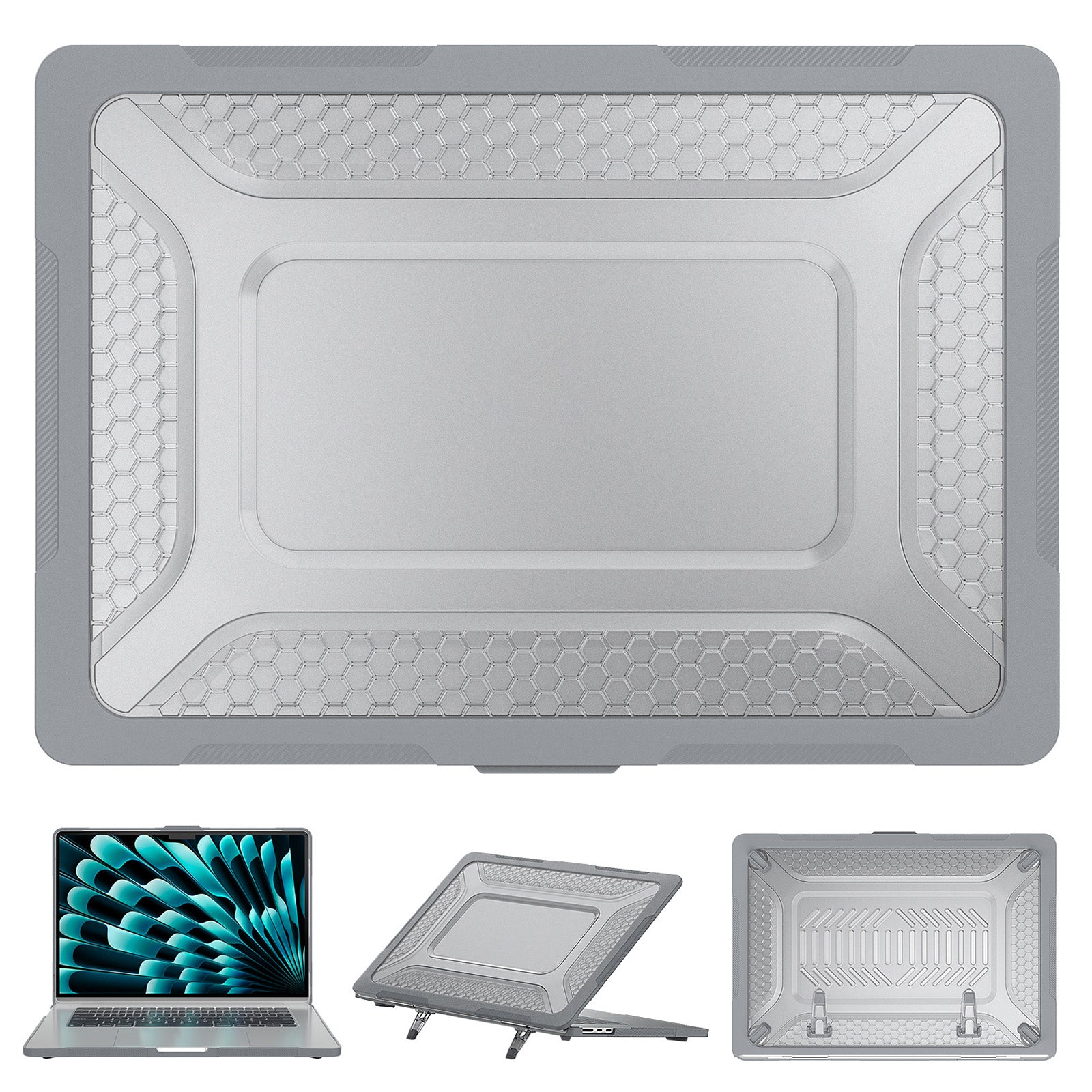 For Macbook Air 15 inch (2023) M2 A2941 Anti-slip Laptop Case Honeycomb Heat Dissipation Kickstand PC+TPU Cover - Grey
