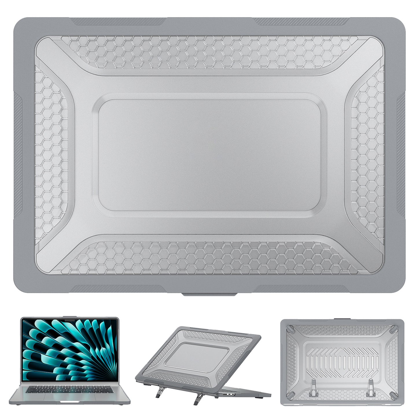 For Macbook Air 15 inch (2023) M2 A2941 Anti-slip Laptop Case Honeycomb Heat Dissipation Kickstand PC+TPU Cover - Grey