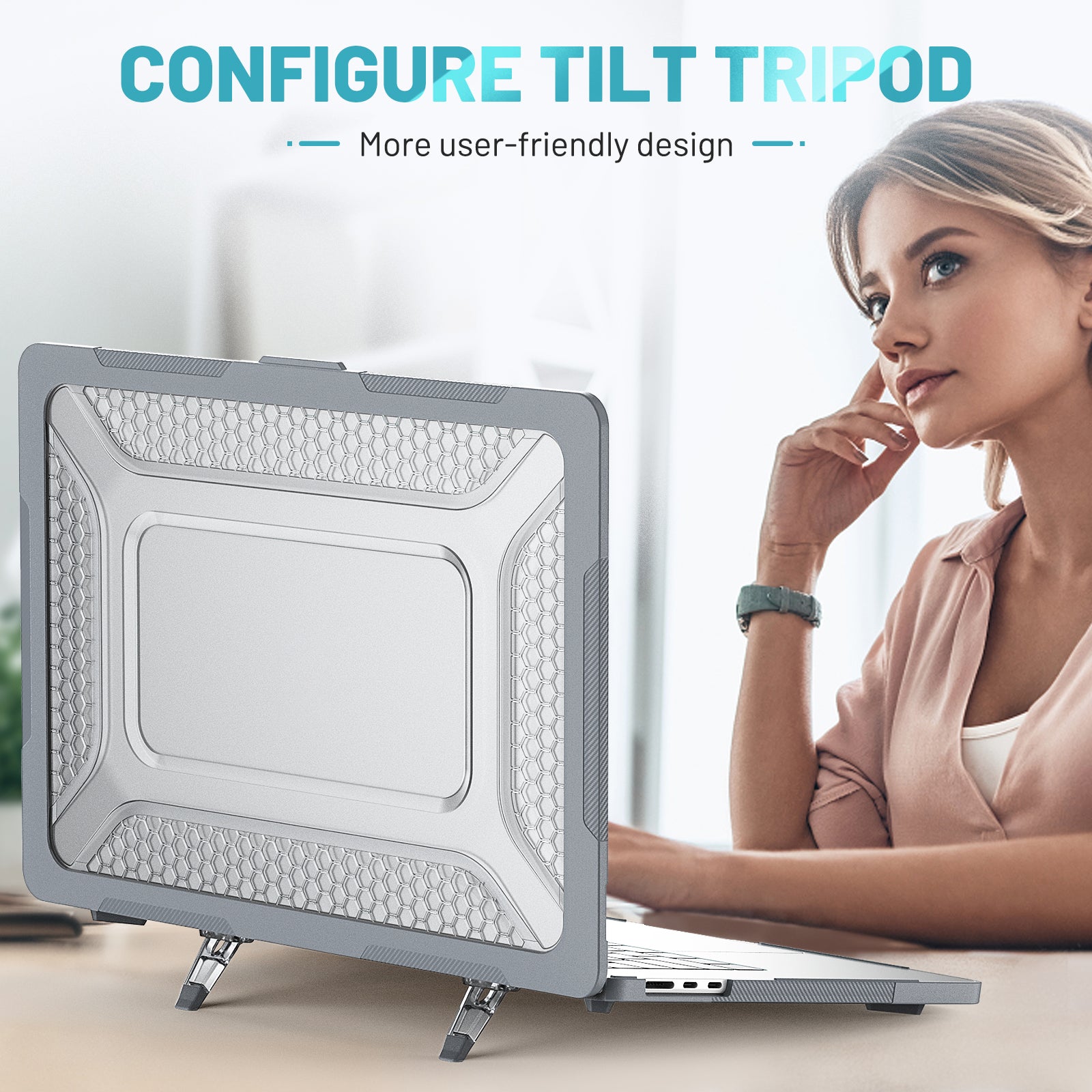For Macbook Air 15 inch (2023) M2 A2941 Anti-slip Laptop Case Honeycomb Heat Dissipation Kickstand PC+TPU Cover - Grey
