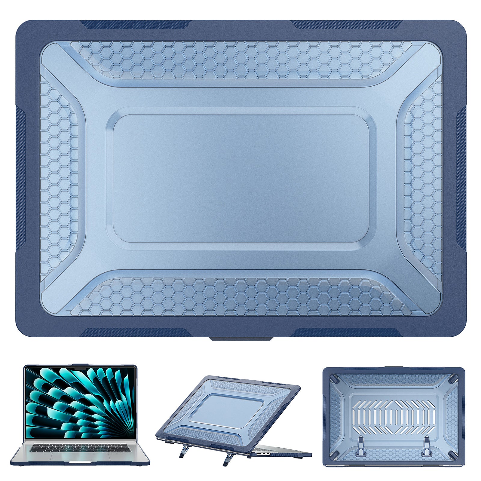 For Macbook Air 15 inch (2023) M2 A2941 Anti-slip Laptop Case Honeycomb Heat Dissipation Kickstand PC+TPU Cover - Sapphire