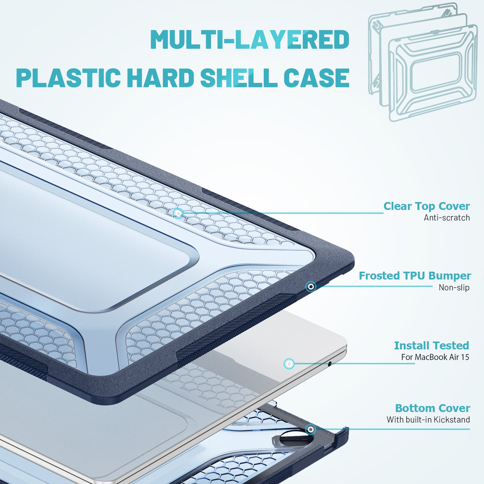 For Macbook Air 15 inch (2023) M2 A2941 Anti-slip Laptop Case Honeycomb Heat Dissipation Kickstand PC+TPU Cover - Sapphire