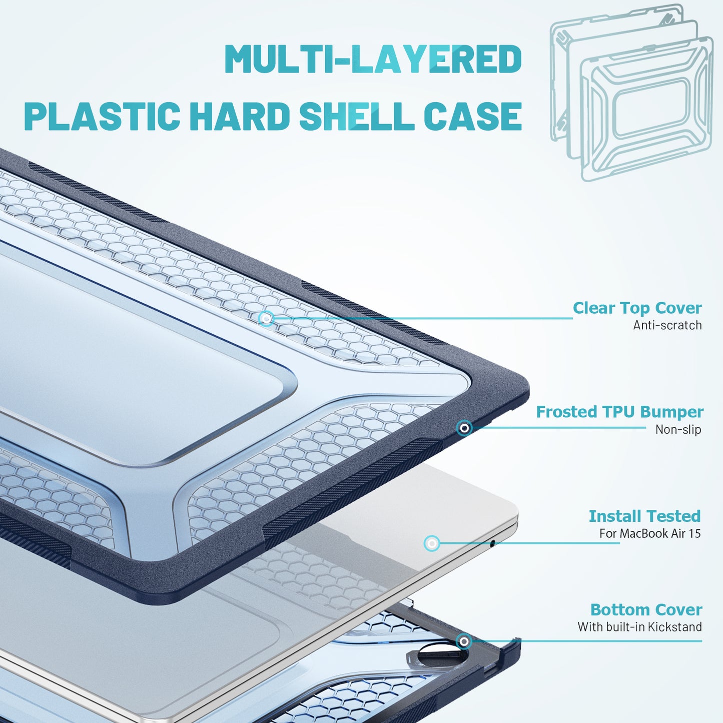 For Macbook Air 15 inch (2023) M2 A2941 Anti-slip Laptop Case Honeycomb Heat Dissipation Kickstand PC+TPU Cover - Sapphire