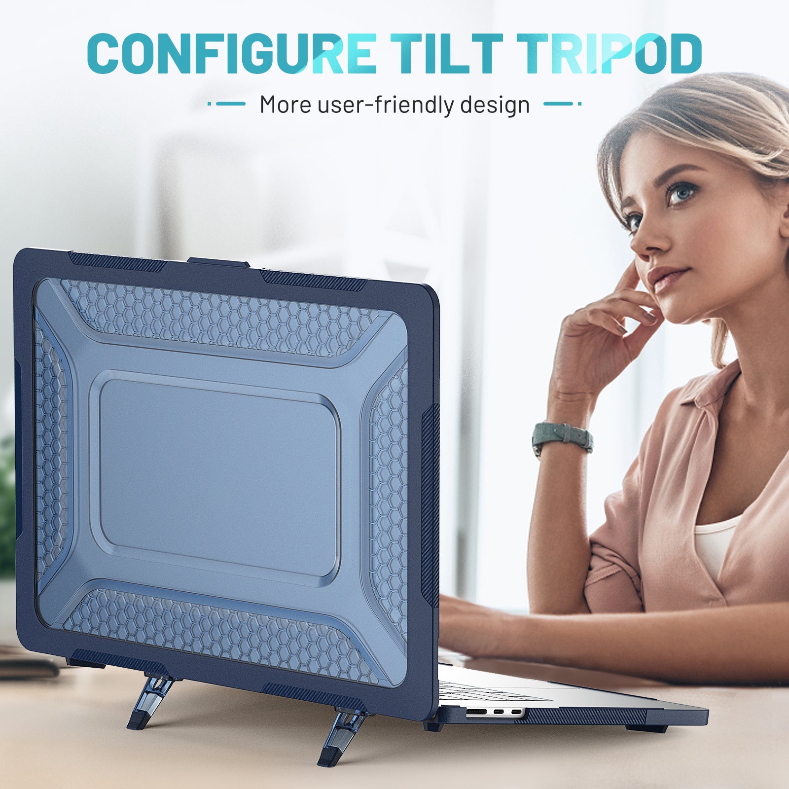 For Macbook Air 15 inch (2023) M2 A2941 Anti-slip Laptop Case Honeycomb Heat Dissipation Kickstand PC+TPU Cover - Sapphire