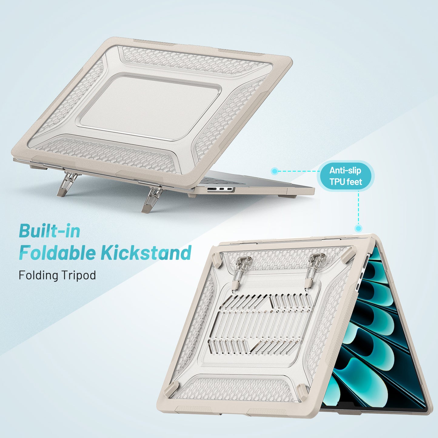 For Macbook Air 15 inch (2023) M2 A2941 Anti-slip Laptop Case Honeycomb Heat Dissipation Kickstand PC+TPU Cover - Apricot