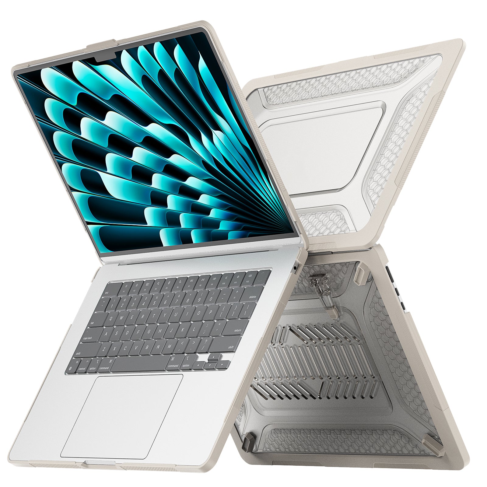 For Macbook Air 15 inch (2023) M2 A2941 Anti-slip Laptop Case Honeycomb Heat Dissipation Kickstand PC+TPU Cover - Apricot