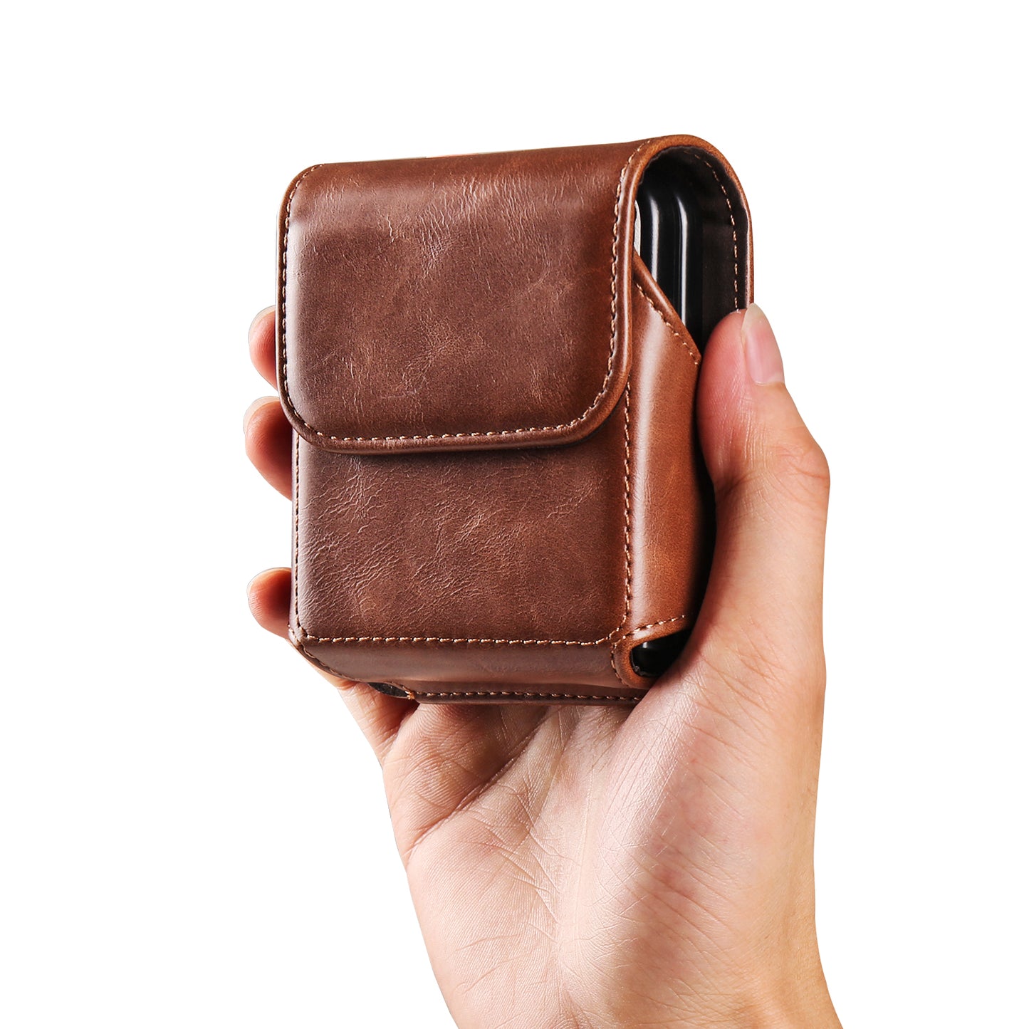 Uniqkart for Samsung Galaxy Z Flip3 5G / Z Flip4 5G / Z Flip5 5G Crazy Horse PU Leather Phone Belt Bag Wasit Phone Holster Pouch - Light Brown
