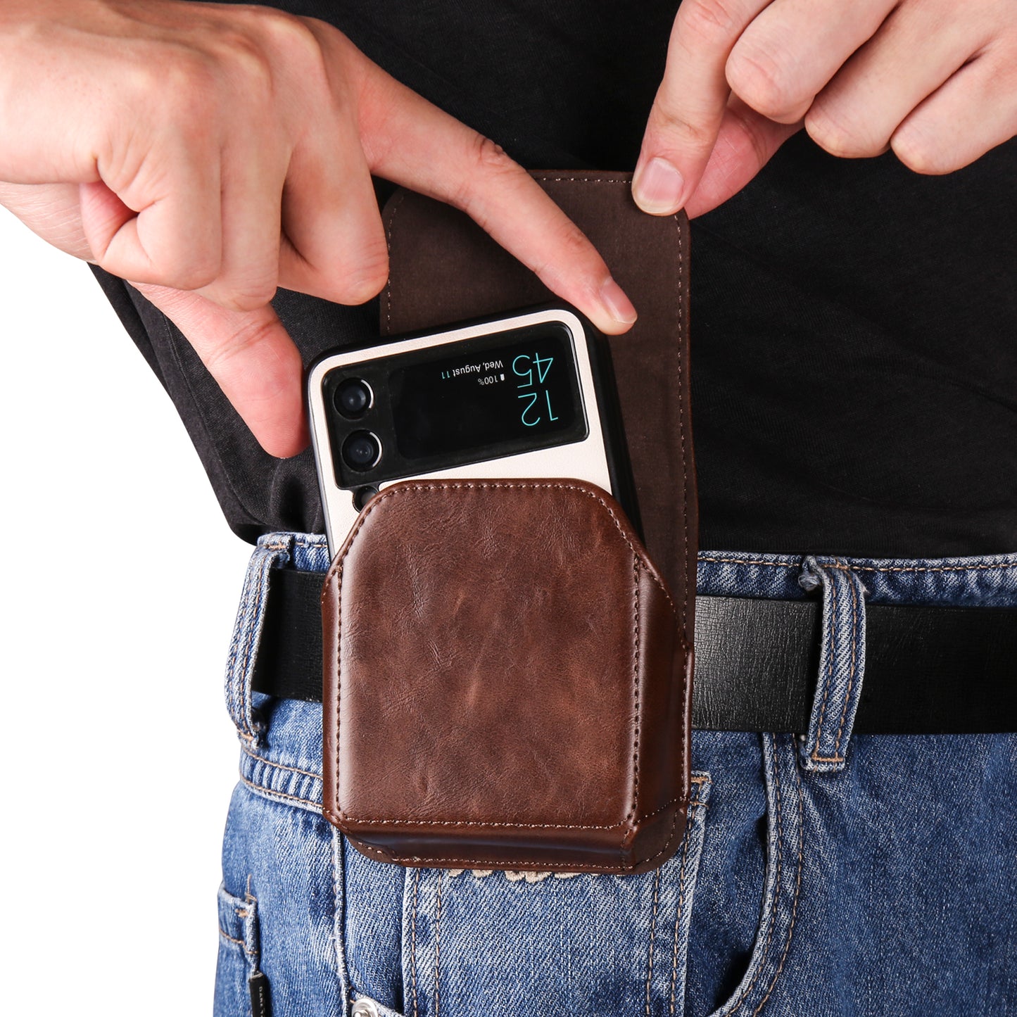 Uniqkart for Samsung Galaxy Z Flip3 5G / Z Flip4 5G / Z Flip5 5G Crazy Horse PU Leather Phone Belt Bag Wasit Phone Holster Pouch - Coffee