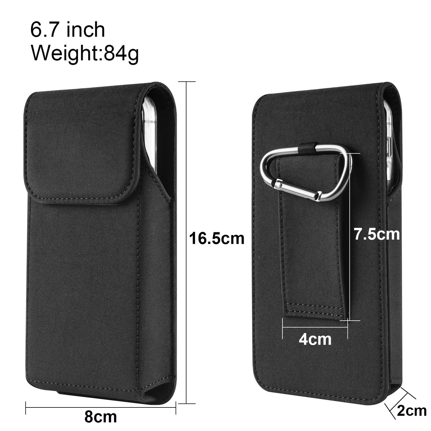 Cell Phone Belt Clip Bag Vertical Nylon Cellphone Holster Outdoor Hiking Belt Loop Pouch with Snap Hook - 6.7inch