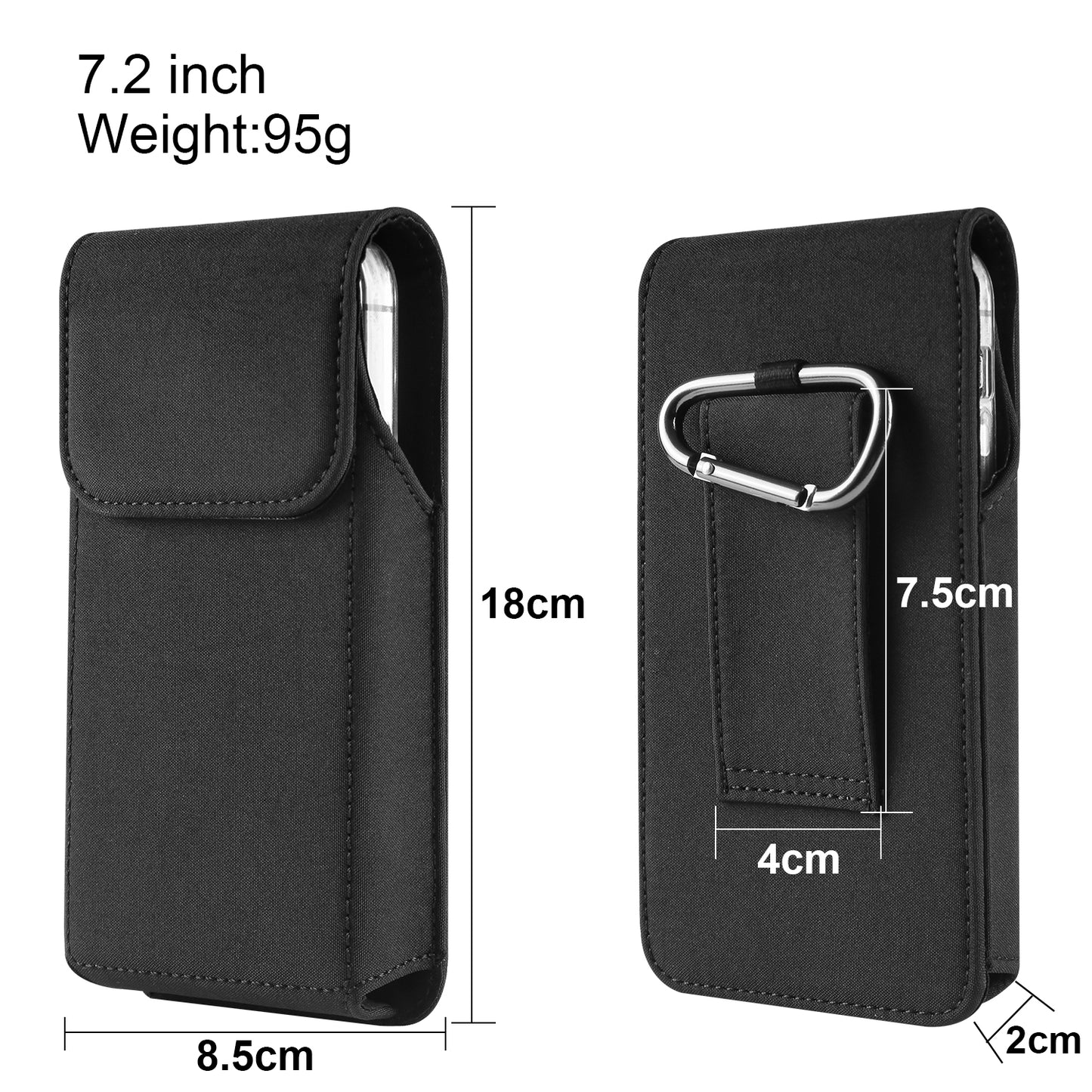 Cell Phone Belt Clip Bag Vertical Nylon Cellphone Holster Outdoor Hiking Belt Loop Pouch with Snap Hook - 7.2inch