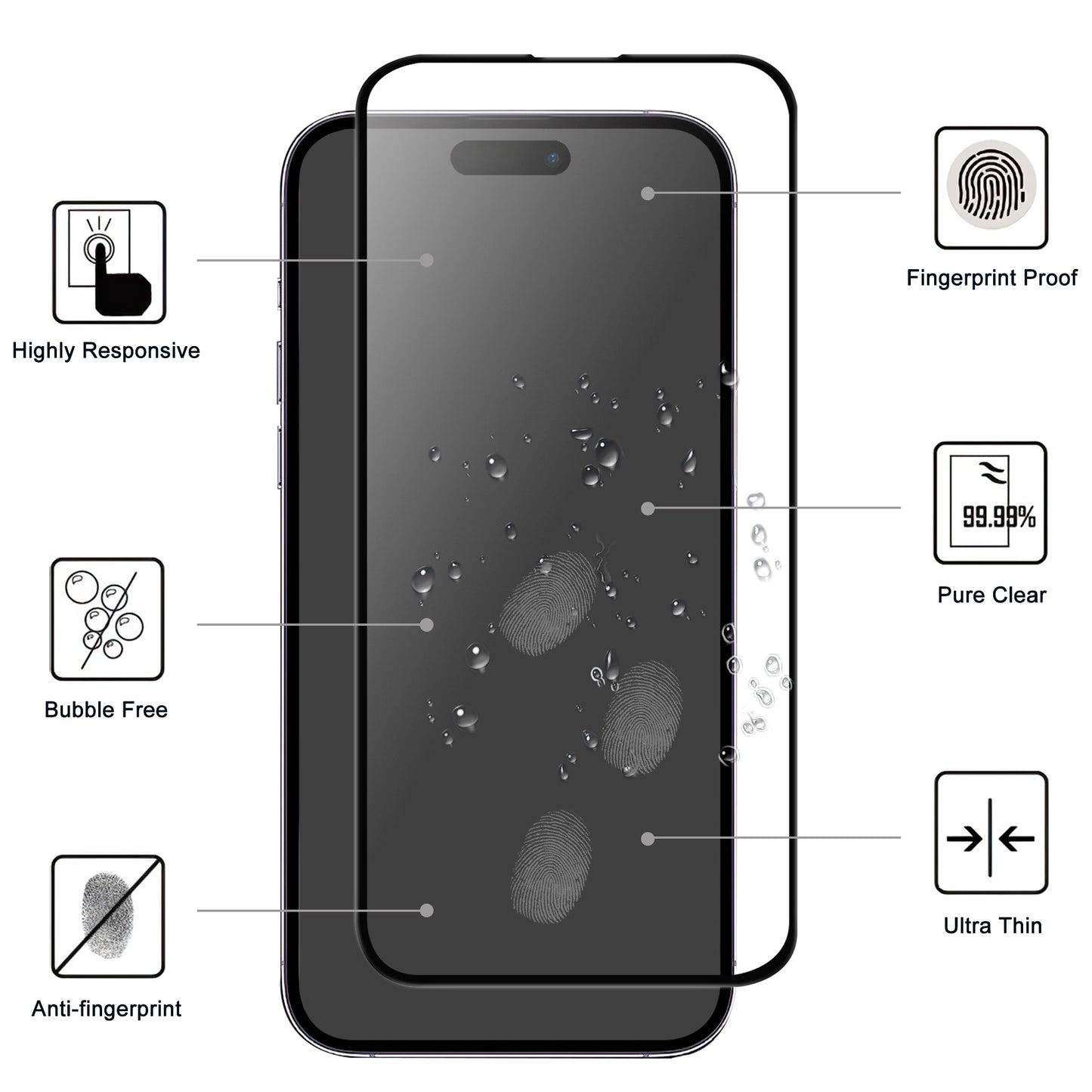 Uniqkart for iPhone 15 Pro Max Cell Phone Screen Protector Full Glue AGC Glass Screen Covering Film with Black Edge