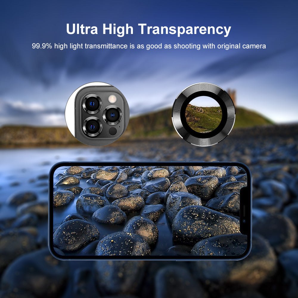 Uniqkart For iPhone 15 Pro / 15 Pro Max 1 Set Camera Lens Film Tempered Glass + Aluminum Alloy Ring Lens Protector Cover - Blue