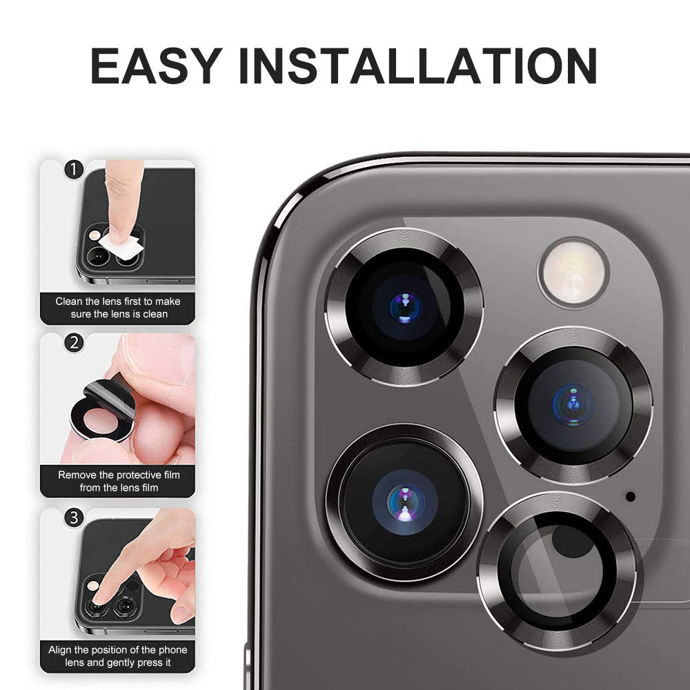 Uniqkart For iPhone 15 Pro / 15 Pro Max 1 Set Camera Lens Film Tempered Glass + Aluminum Alloy Ring Lens Protector Cover - Blue