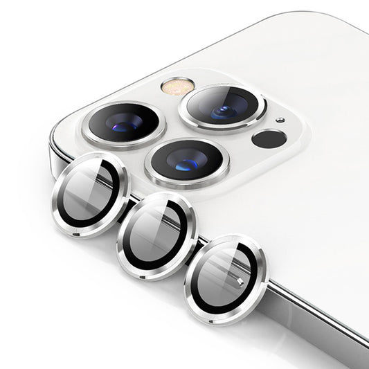 Uniqkart For iPhone 15 Pro / 15 Pro Max 1 Set Camera Lens Film Tempered Glass + Aluminum Alloy Ring Lens Protector Cover - Silver