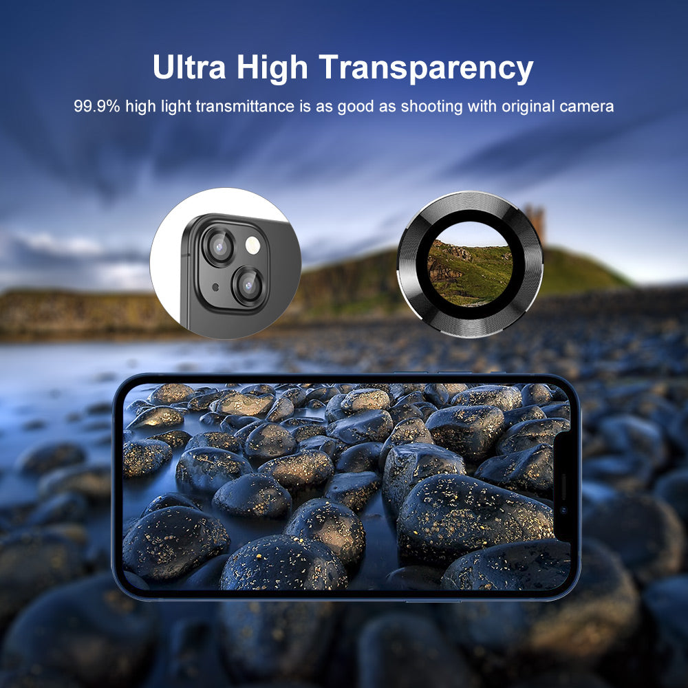 Uniqkart For iPhone 15 / 15 Plus 1 Set Camera Lens Protector Tempered Glass + Aluminum Alloy Ring Rear Lens Film - Pink