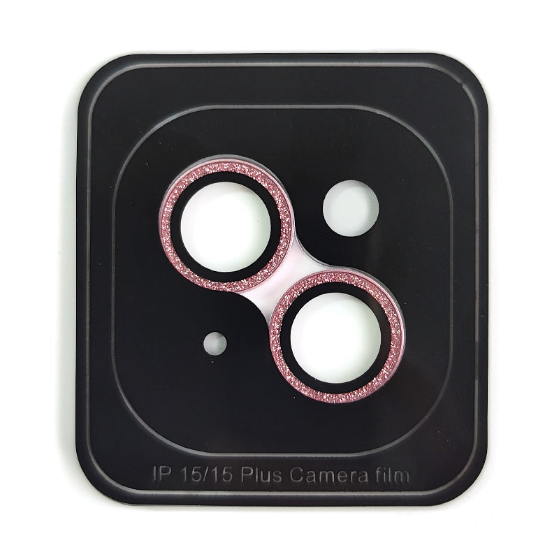 Uniqkart For iPhone 15 / 15 Plus Glitter Camera Lens Protector Tempered Glass AR Clear Back Lens Film - Pink