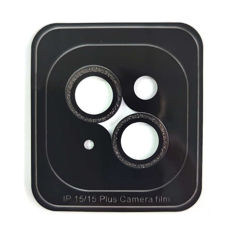 Uniqkart For iPhone 15 / 15 Plus Glitter Camera Lens Protector Tempered Glass AR Clear Back Lens Film - Black